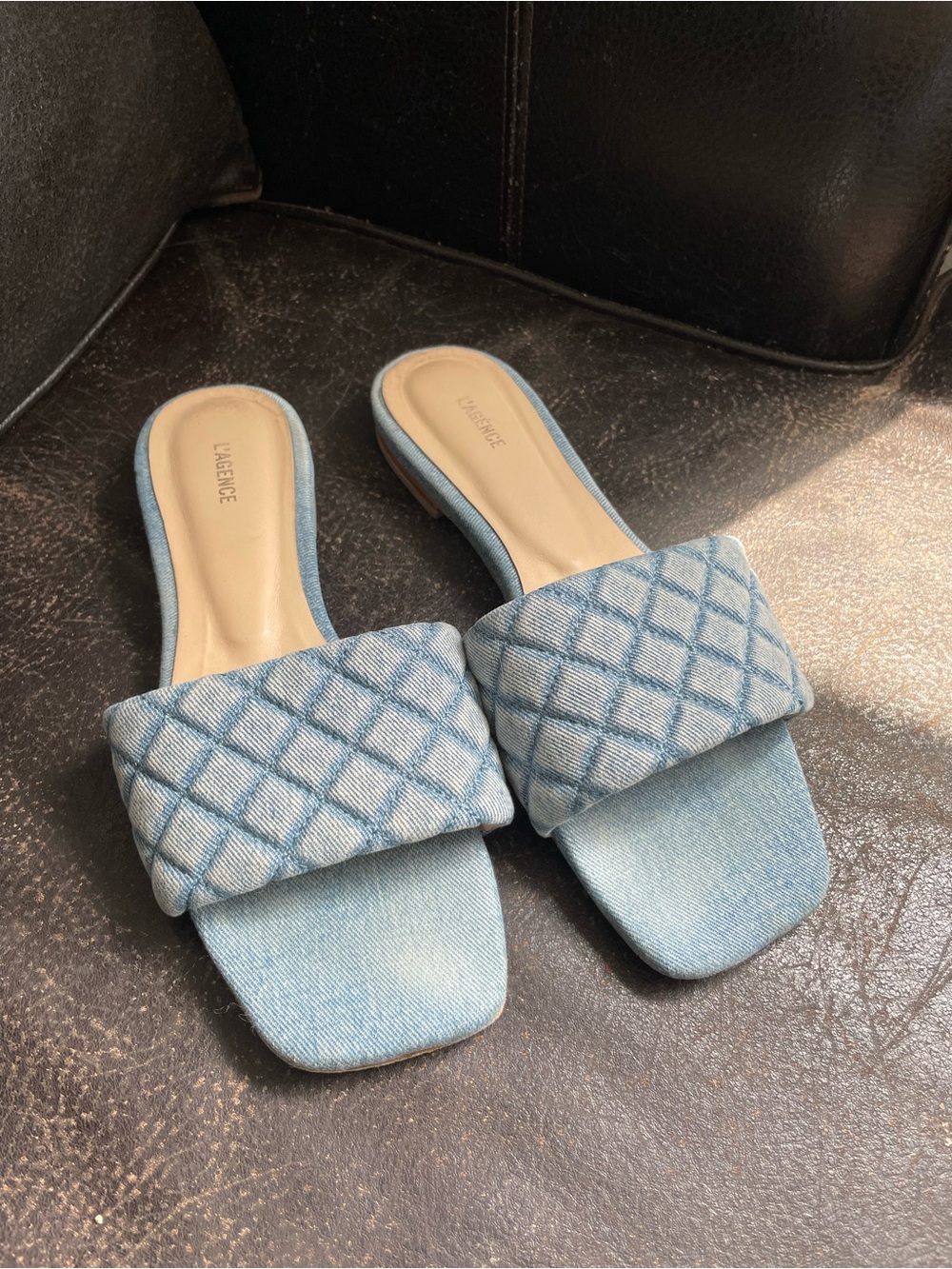 L'AGENCE Light Blue Denim Quilted Leather Slide Sandals